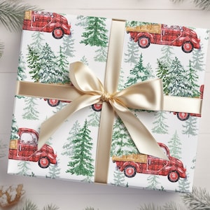 Camion rosso vintage di Natale, carta da regalo per fattoria di alberi di Natale, carta da regalo di Natale, carta da regalo di Buon Natale, carta da regalo vintage