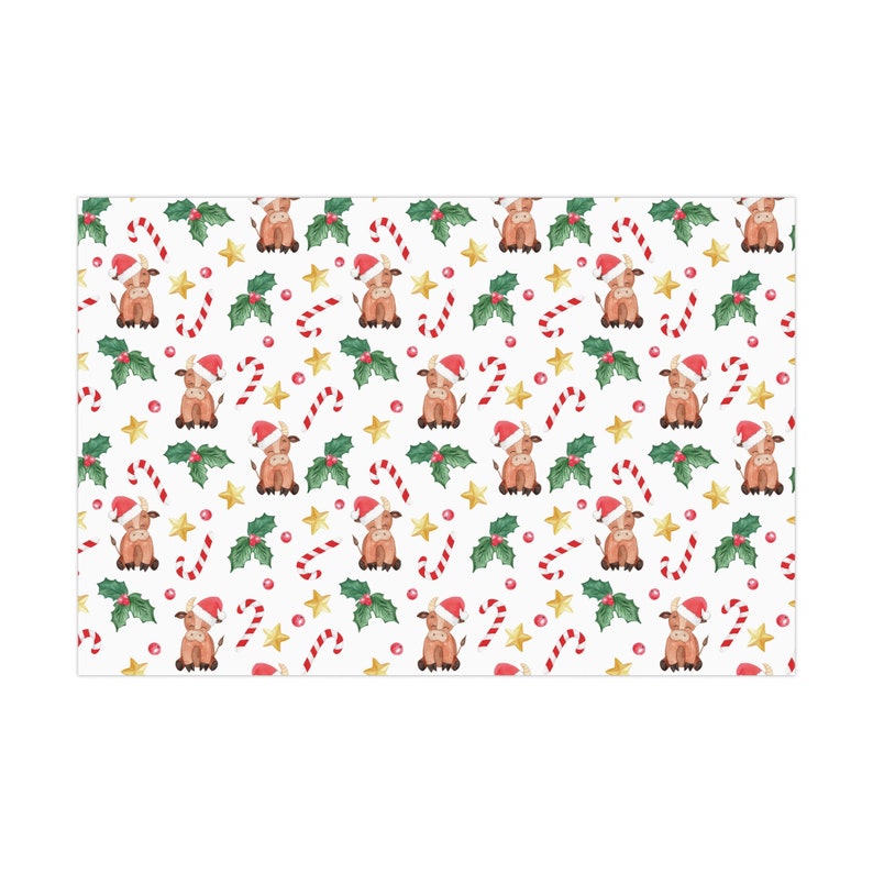 Highland Cow Cute Cartoon Christmas Gift Wrap, Merry Christmas Wrapping Paper, Vintage Gift Wrap, Highland cow Christmas, Bull image 4