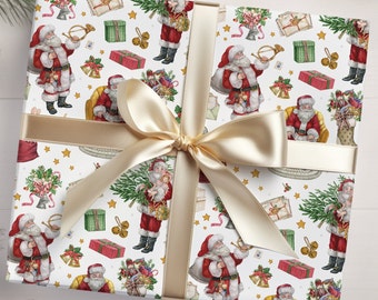 May include: White wrapping paper with a festive Christmas design featuring Santa Claus, presents, and holiday decorations. The paper is tied with a gold ribbon.