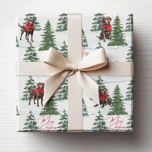 May include: Gift box wrapped in paper with a winter scene featuring brown dogs wearing red scarves, snow-covered ground, and green pine trees. The words "Merry Christmas" are written in red script. A cream-colored ribbon and bow complete the presentation.