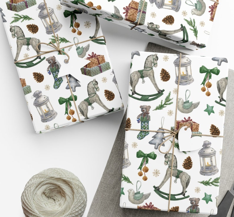 Vintage Christmas Wrapping Paper, Retro Christmas, Green Rustic Wrapping Paper, Christmas Wrapping Paper, Holiday Gift Wrap, Rocking Horse image 3