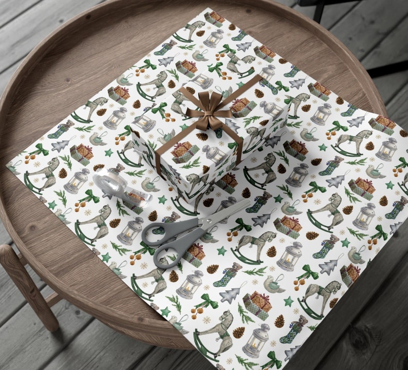 Vintage Christmas Wrapping Paper, Retro Christmas, Green Rustic Wrapping Paper, Christmas Wrapping Paper, Holiday Gift Wrap, Rocking Horse image 5