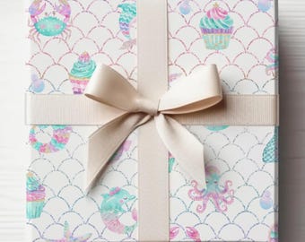 Mermaid Party Wrapping Paper: Watercolor Sea Animals & Cupcakes