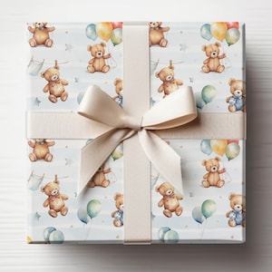 Teddy Bear Wrapping Paper, Baby Shower Gift Wrap, Baby Boy Birthday Wrapping Paper, Vintage Retro Bear, Baby Shower Gift, Birthday Boy image 1