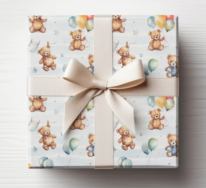 Teddy Bear Wrapping Paper, Baby Shower Gift Wrap, Baby Boy Birthday Wrapping Paper, Vintage Retro Bear, Baby Shower Gift, Birthday Boy image 1