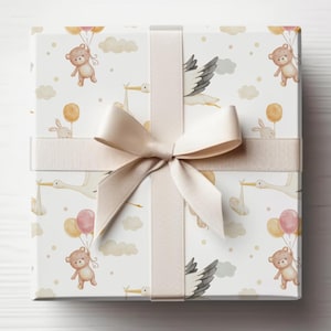 Papel de regalo para baby shower, recién nacido, regalo para bebé, cigüeña, osito de peluche, regalos para niños, papel de regalo, celebraciones