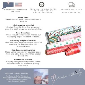 May include: Assortment of colorful wrapping paper rolls with various patterns, including polka dots, stripes, and stars. The paper is tear-resistant, water-resistant, and printed on one side. The text "Premium 90 GSM Paper Tear Resistant Water Resistant" is visible in the image.