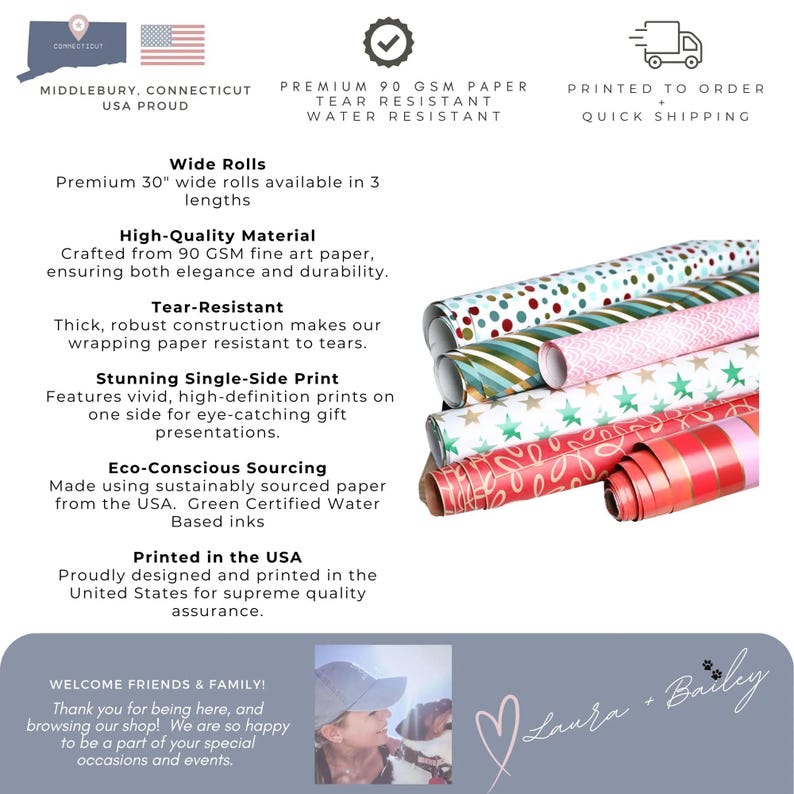 May include: Assortment of colorful wrapping paper rolls with various patterns, including polka dots, stripes, and stars. The paper is tear-resistant, water-resistant, and printed on one side. The text "Premium 90 GSM Paper Tear Resistant Water Resistant" is visible in the image.