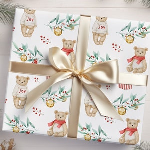 Vintage Teddy Bear Christmas Gift Wrap, Merry Christmas Wrapping Paper, Holiday Gift Wrap