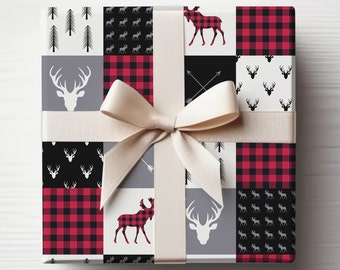 Envoltura de regalo de patrón navideño de alce clásico, papel de envolver de Feliz Navidad, envoltura de regalo vintage, envoltura de regalo tradicional, regalos para hombres, caza
