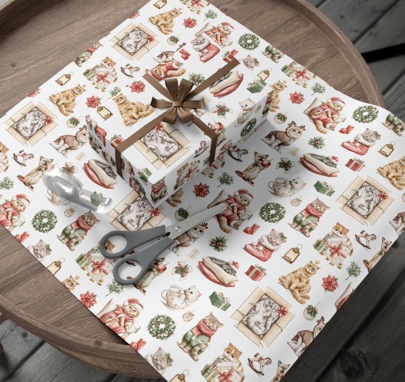 Christmas Cat Wrapping Paper: Vintage Rustic Kitten Gift Wrap image 6