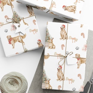 Golden Retriever Christmas Gift Wrap, Merry Christmas Wrapping Paper, Vintage Gift Wrap, Christmas Dogs, Golden Retriever