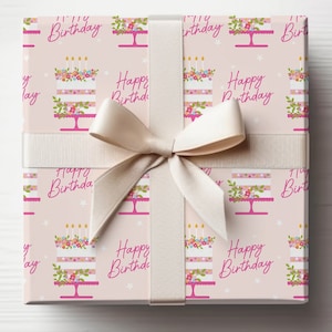 Happy Birthday Wrapping Paper, Pink Cake Birthday Gift Wrap, Wrapping Paper, Birthday Gift
