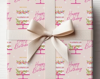 Happy Birthday Wrapping Paper, Pink Cake Birthday Gift Wrap, Wrapping Paper, Birthday Gift
