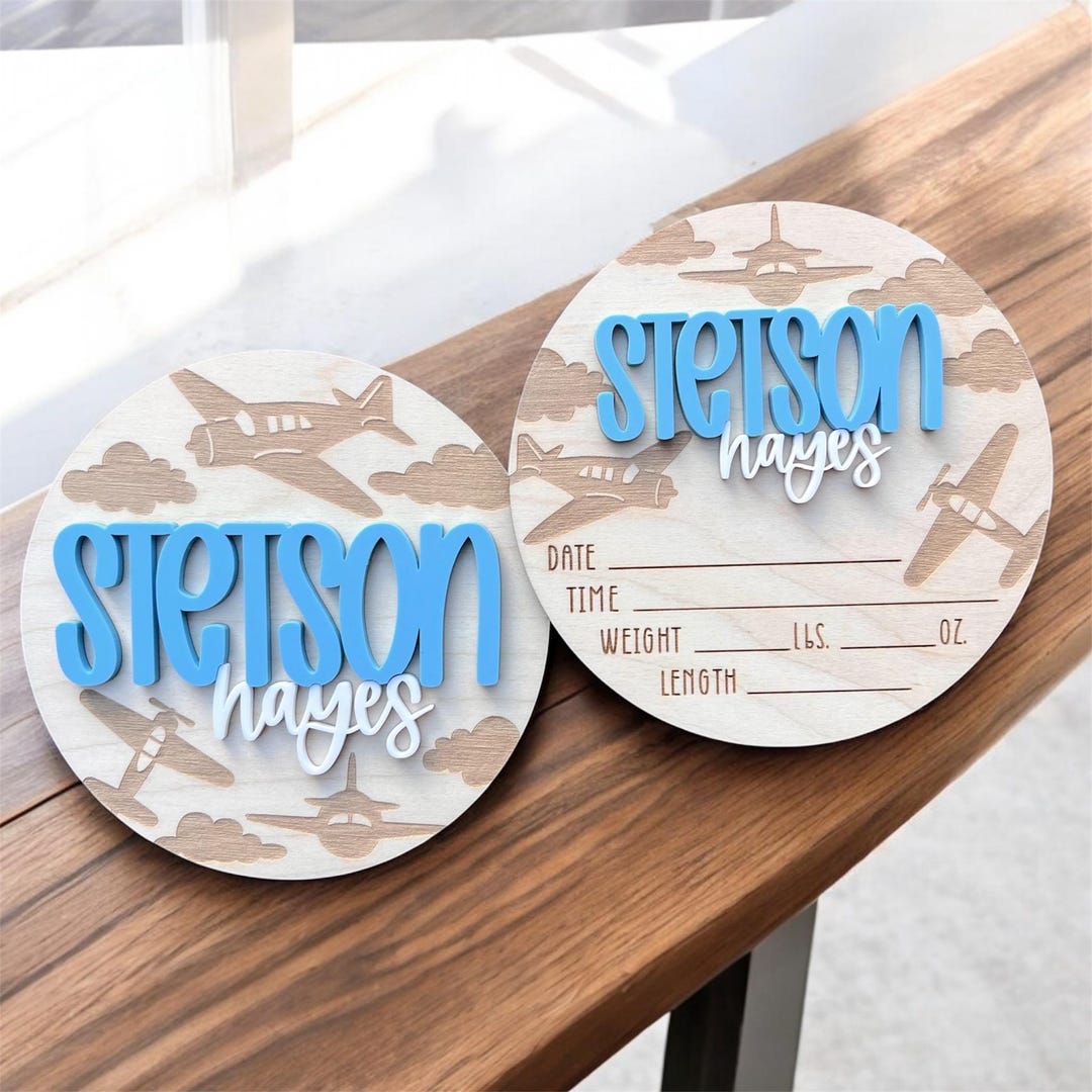 Baby Announcement Sign W/ Airplane Theme, Birth Announcement Round ...