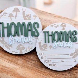 Mushroom Baby Round, Baby Announcement Sign w/ Woodland Design, Birth Announcement, Stat Sign, Personalized Baby Name Sign, Baby Room Decor