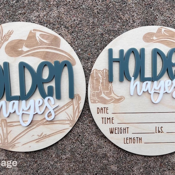 Baby Announcement Sign w/ Western & Cowboy Theme, Birth Announcement Round, Stat Sign, Personalized Baby Name Sign