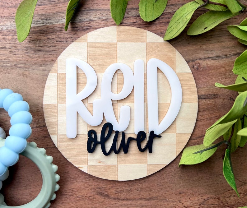 Reid Lettering Baby Announcement Sign W/ Checker Board Design, Birth Announcement ...
