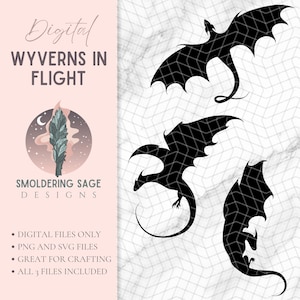 Può includere: Tre immagini in silhouette nera di wyvern in volo. Il testo "Digital Wyverns in Flight" è in alto nell'immagine. Il testo "Smoldering Sage Designs" è sotto le immagini. Il testo "Digital Files Only, PNG and SVG Files, Great for Crafting, All 3 Files Included" è in basso nell'immagine.