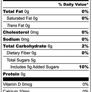 May include: Nutrition Facts label for a food product with 20 calories per 2 fluid ounce serving. The label lists the amount of total fat, saturated fat, trans fat, cholesterol, sodium, total carbohydrate, dietary fiber, total sugars, added sugars, protein, vitamin D, calcium, iron, potassium, vitamin C, and magnesium per serving. The label also includes the percentage of daily value for each nutrient.