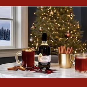 May include: A festive scene with a Christmas tree, a mug of mulled sorrel, and a bottle of non-alcoholic sorrel drink. The recipe calls for 6 ounces of sorrel, 12 raisins, an orange slice, and a lemon slice. Warm the ingredients gently and pour into a mug. Garnish with a lime slice and a cinnamon stick.