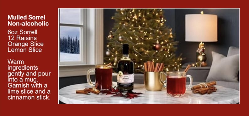 May include: A festive scene with a Christmas tree, a mug of mulled sorrel, and a bottle of non-alcoholic sorrel drink. The recipe calls for 6 ounces of sorrel, 12 raisins, an orange slice, and a lemon slice. Warm the ingredients gently and pour into a mug. Garnish with a lime slice and a cinnamon stick.