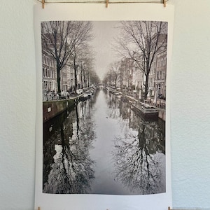 Amsterdam Canal Black and Gray Rolled Canvas Print Netherlands Europe Holiday Photo