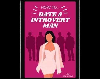 Puede incluir: Una tableta digital muestra la portada de un libro con el título "HOW TO... DATE A INTROVERT MAN" en texto blanco sobre un fondo magenta. Una ilustración de una mujer con un vestido y chaqueta blancos se encuentra frente a siluetas de hombres.