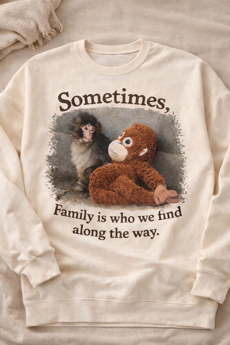 May include: Cream-colored sweatshirt featuring a graphic of a monkey and a stuffed monkey. The text reads "Sometimes, Family is who we find along the way." The sweatshirt has a crew neck and long sleeves.