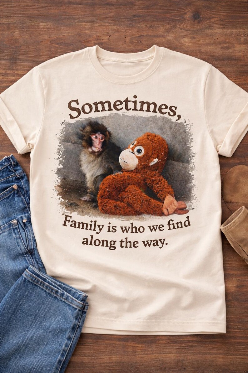 May include: Cream-colored t-shirt featuring a graphic of a monkey and an orangutan with the text "Sometimes, Family is who we find along the way." The shirt is paired with blue jeans and brown boots.