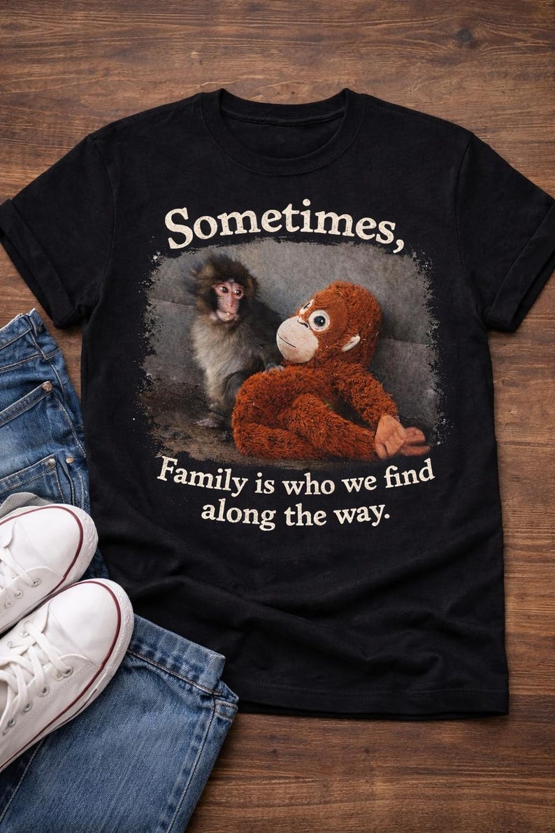 May include: Black t-shirt with the text "Sometimes, Family is who we find along the way." The shirt features a graphic of a monkey and a stuffed orangutan. White sneakers and blue jeans are visible.