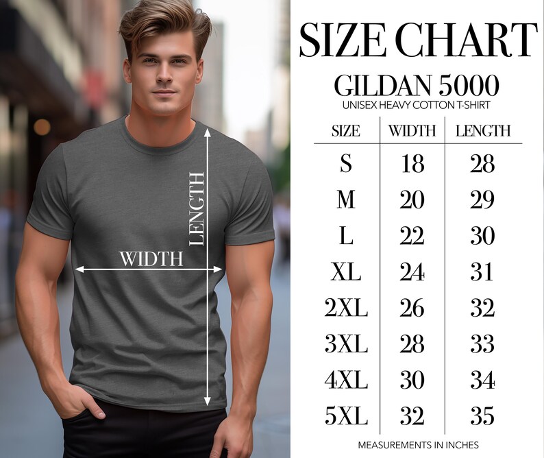 May include: A gray Gildan 5000 unisex heavy cotton t-shirt with a size chart. The chart shows measurements in inches for width and length, ranging from size small (18" width, 28" length) to 5XL (32" width, 35" length).
