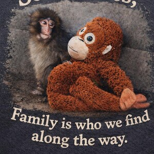 May include: Dark blue t-shirt featuring a graphic of a monkey and a stuffed orangutan. The text reads "Sometimes, Family is who we find along the way." The image has a distressed, vintage look.