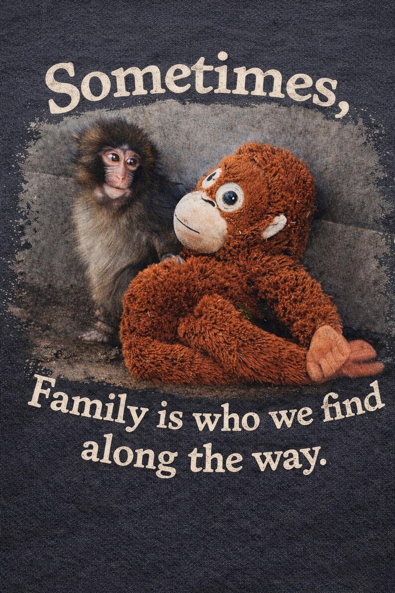 May include: Dark blue t-shirt featuring a graphic of a monkey and a stuffed orangutan. The text reads "Sometimes, Family is who we find along the way." The image has a distressed, vintage look.