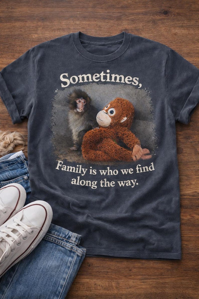 May include: Dark blue t-shirt with a graphic of two monkeys and the text "Sometimes, Family is who we find along the way." White sneakers and blue jeans are visible in the foreground. The shirt is made of a soft material.