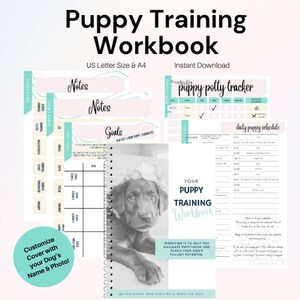 Peut inclure: Un chiot noir et blanc portant un nœud rose sur la tête est sur la couverture d'un cahier à spirales intitulé "Votre guide d'éducation du chiot". Le cahier contient des feuilles de travail pour vous aider à naviguer dans la période de chiot et à atteindre le plein potentiel de votre chien. La couverture présente également un schéma de couleurs rose et turquoise avec les mots "Guide d'éducation du chiot" en gros caractères.