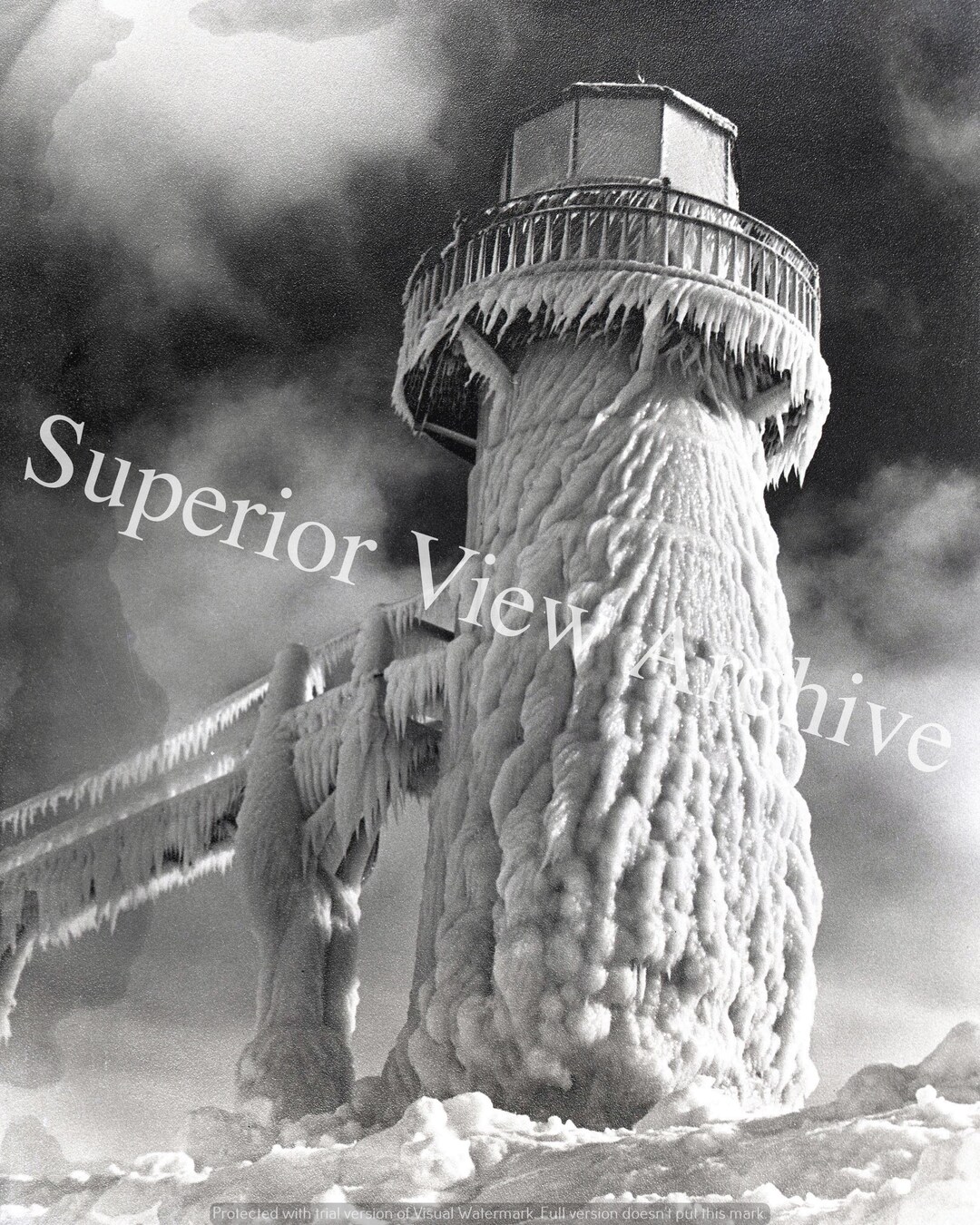 Vintage Lighthouse Covered in Ice Old Time Frozen Lighthouse Lake ...
