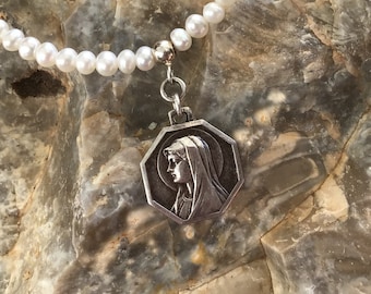 Antique Virgin Mary Necklace on White Freshwater Pearls