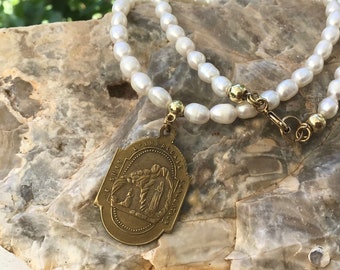 Antique Immaculate Conception Medal on White Rice Pearls