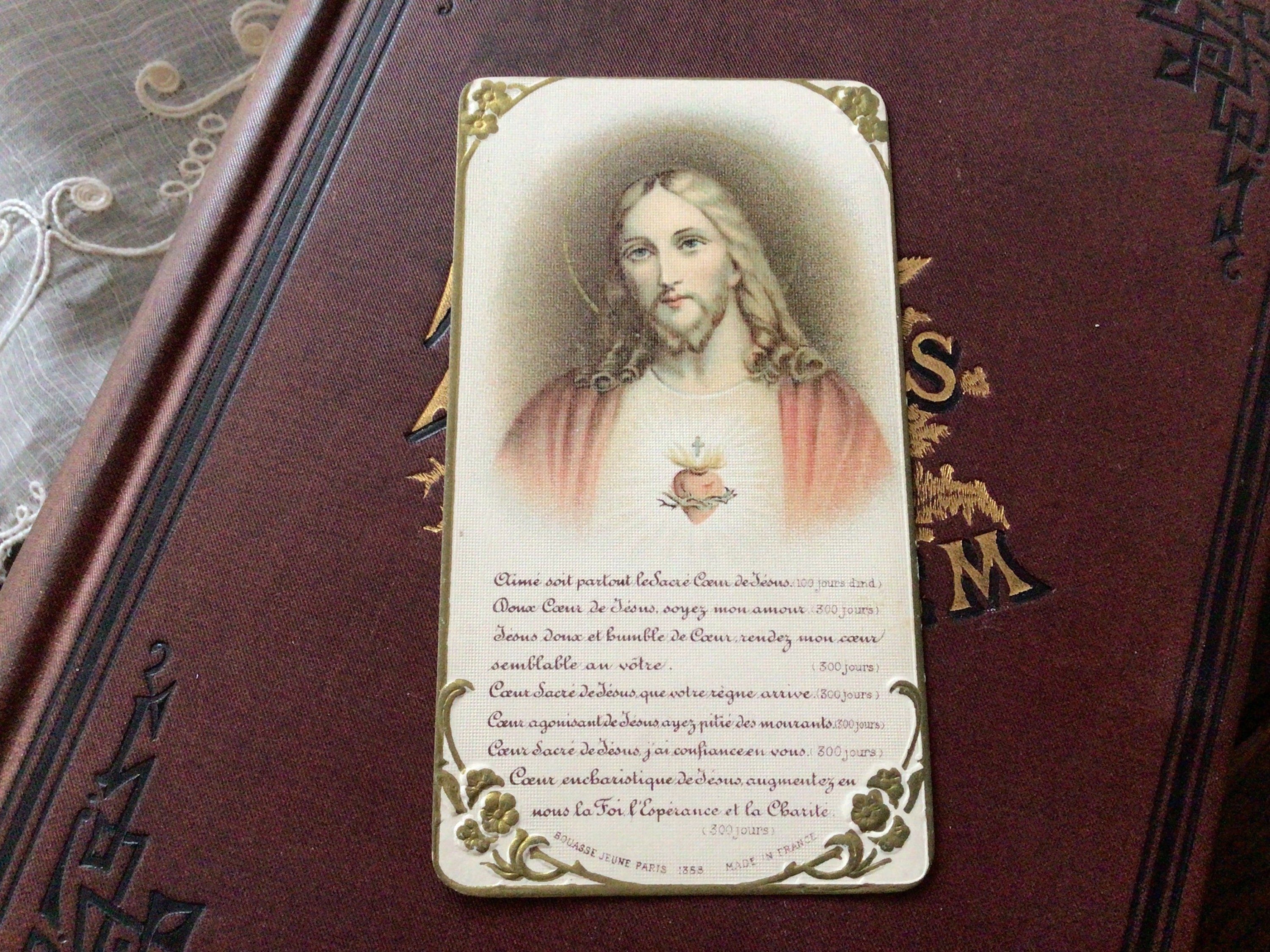 Antique French Holy Card, Sacred Heart of Jesus, First Communion,