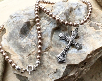 Antique French Crucifixion Cross of Jesus, Silvered/Plated, on Gold Swarovski Pearls