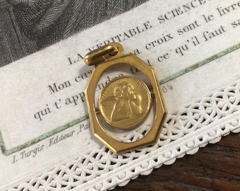 Small Antique French Medal, Guardian Cherub Angel, Gold Vermeil