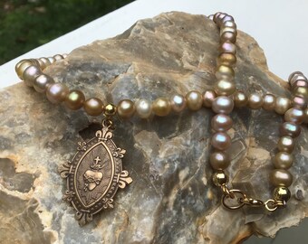 Reproduction Bronze Sacred Heart Necklace, Seaweed Colored Pearls