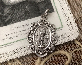 Antique French Silver Communion Medal: Art Nouveau Chalice Pendant