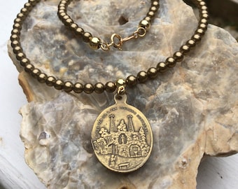 Antique Lourdes Apparition of Dostagne in Antique Brass Pearls