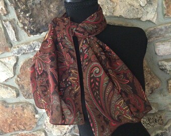 Paisley Scarf, Brown and Coral Neck Drape, Purse Tie