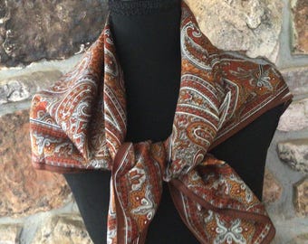 Vintage Italian Scarf, Gold and Taupe Paisley Design, Polyester