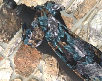 Vintage Sheer Floral Scar,  Bronze, Silver and Turquoise Accents, Block Print with Metallic Threads