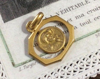 Small Antique French Medal, St Christopher, Plain on Obverse, Gold Vermeil