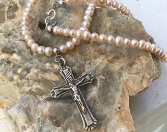 French Vintage Cross on Soft Peach Freshwater Pearl Necklace, Lourdes